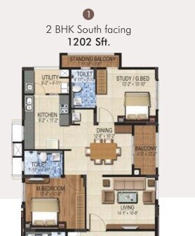 Floor plan of 2 BHK 1202 Sq. Ft. Apartment in DSR Louts Tower, Bangalore
