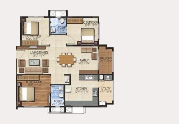 Floor plan of 3 BHK 1448 Sq. Ft. Apartment in DSR Louts Tower, Bangalore
