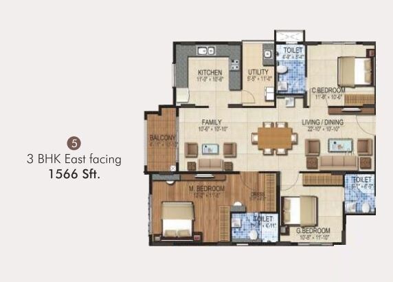 Floor plan of 3 BHK 1556 Sq. Ft. Apartment in DSR Louts Tower, Bangalore