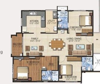 Floor plan of 3 BHK 1566 Sq. Ft. Apartment in DSR Louts Tower, Bangalore