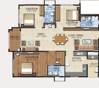 Floor plan of 3 BHK 1753 Sq. Ft. Apartment in DSR Louts Tower, Bangalore