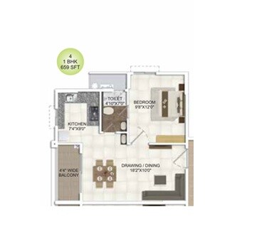 Floor plan of 1 BHK 659 Sq. Ft. Apartment in DSR Parkway, Bangalore