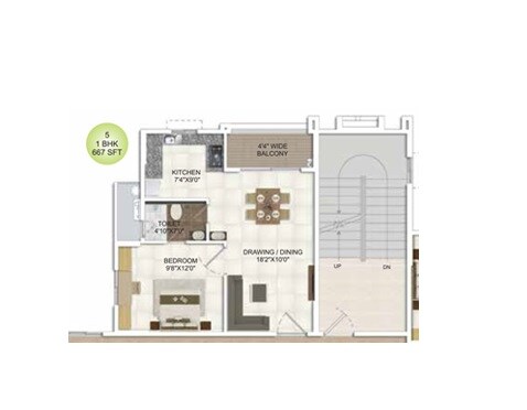 Floor plan of 1 BHK 667 Sq. Ft. Apartment in DSR Parkway, Bangalore