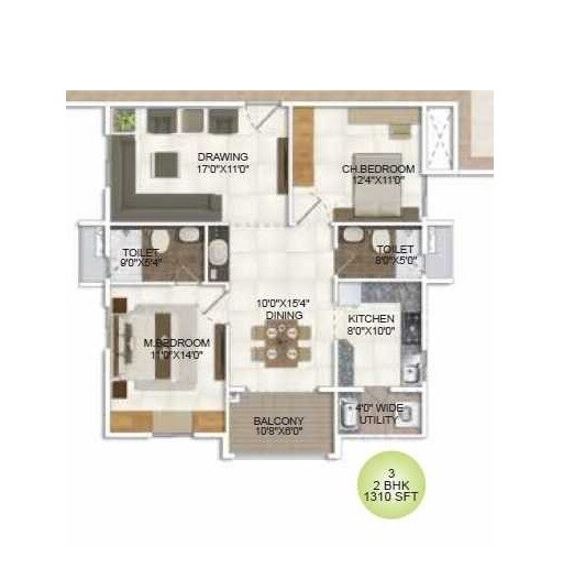 Floor plan of 2 BHK 1310 Sq. Ft. Apartment in DSR Parkway, Bangalore
