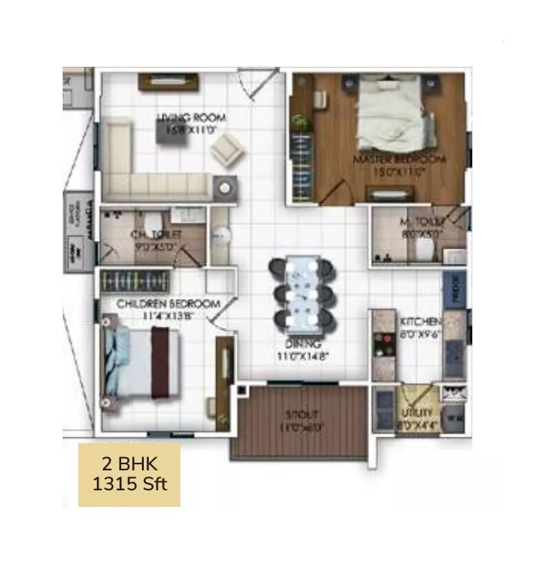Floor plan of 2 BHK 1315 Sq. Ft. Apartment in DSR RR Avenues, Bangalore