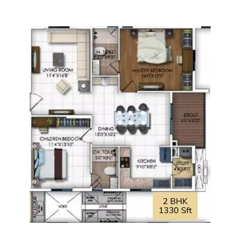 Floor plan of 2 BHK 1330 Sq. Ft. Apartment in DSR RR Avenues, Bangalore