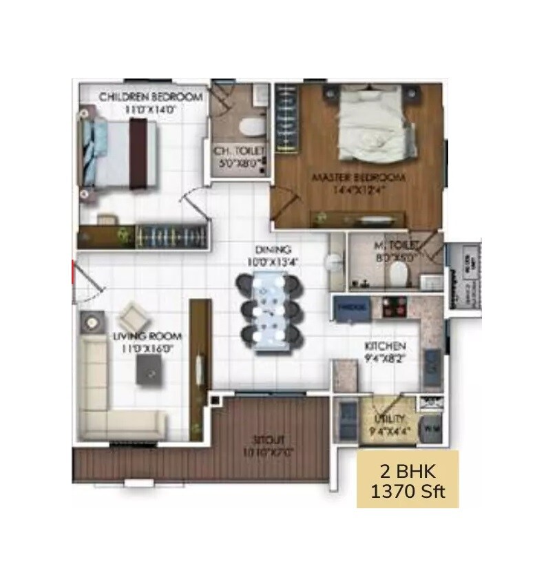 Floor plan of 2 BHK 1370 Sq. Ft. Apartment in DSR RR Avenues, Bangalore