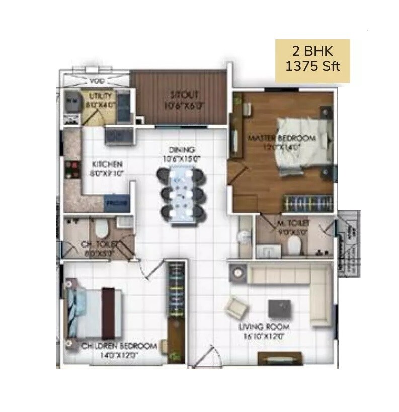 Floor plan of 2 BHK 1375 Sq. Ft. Apartment in DSR RR Avenues, Bangalore