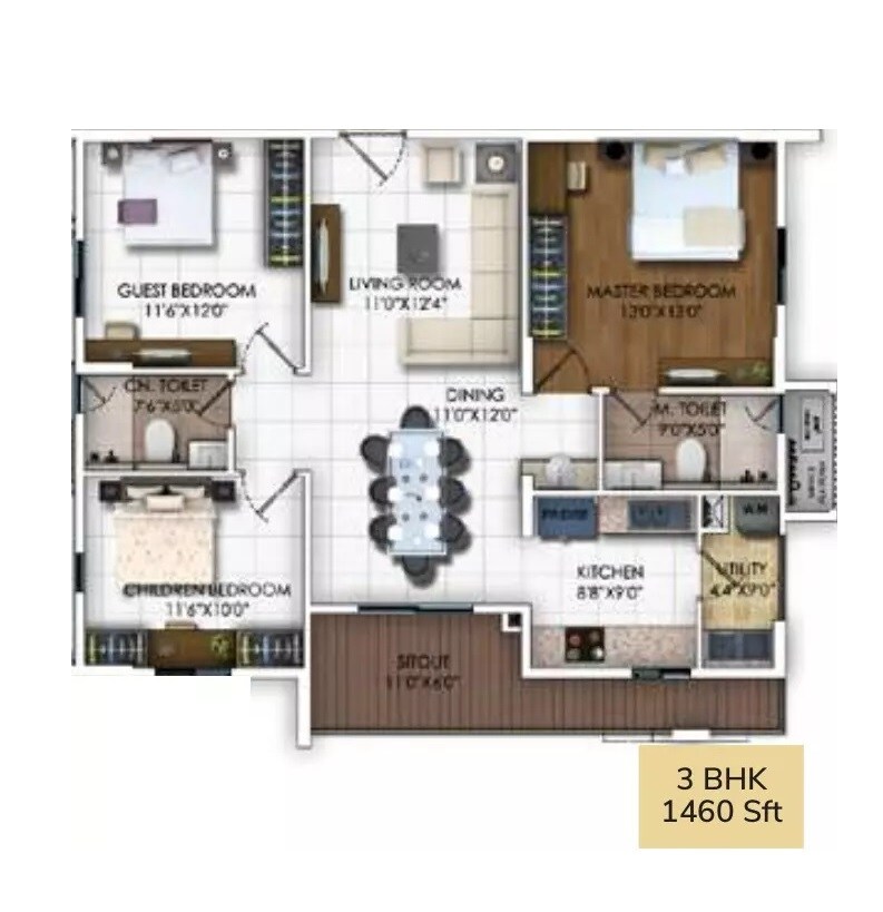 Floor plan of 3 BHK 1460 Sq. Ft. Apartment in DSR RR Avenues, Bangalore