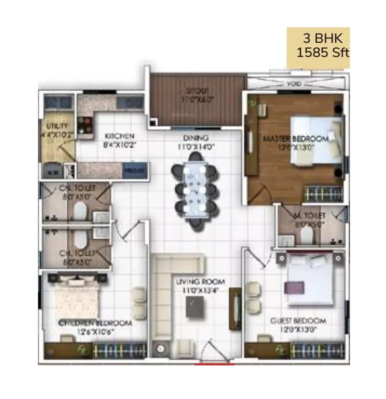 Floor plan of 3 BHK 1585 Sq. Ft. Apartment in DSR RR Avenues, Bangalore