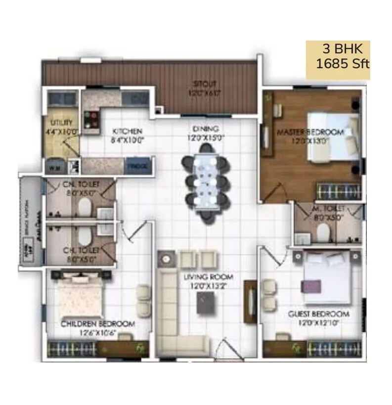 Floor plan of 3 BHK 1685 Sq. Ft. Apartment in DSR RR Avenues, Bangalore