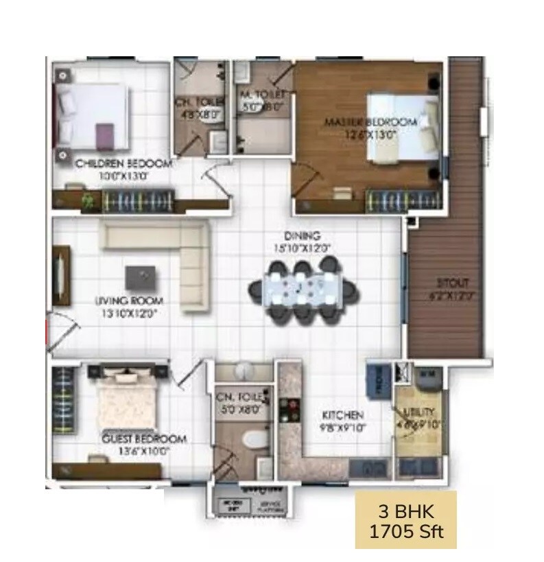 Floor plan of 3 BHK 1705 Sq. Ft. Apartment in DSR RR Avenues, Bangalore