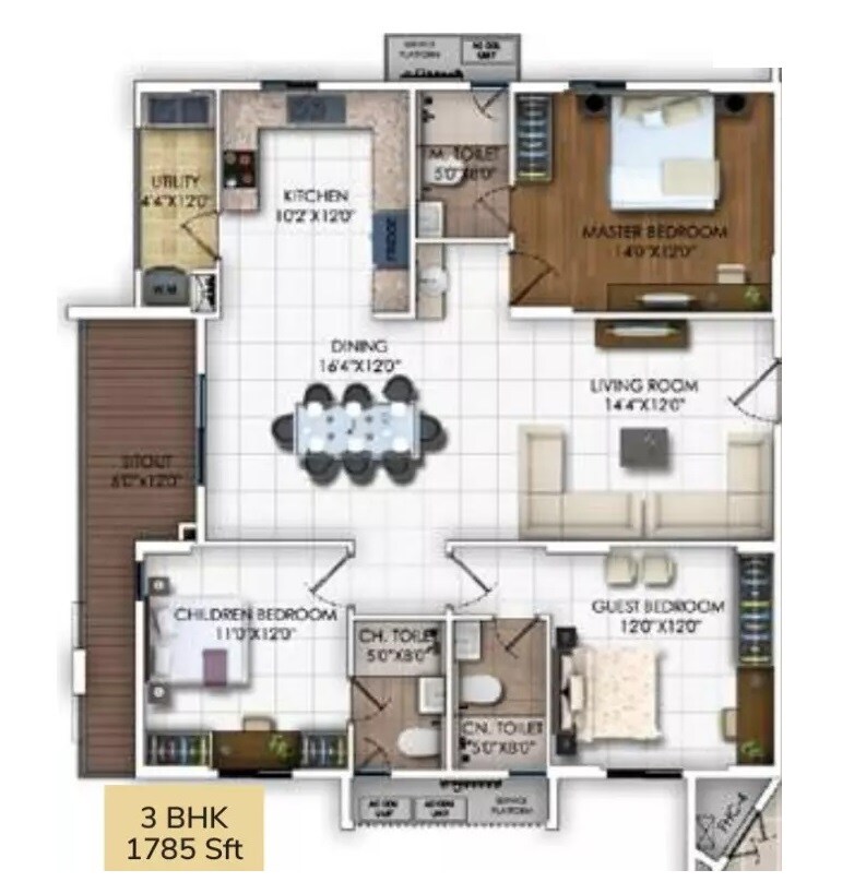 Floor plan of 3 BHK 1785 Sq. Ft. Apartment in DSR RR Avenues, Bangalore