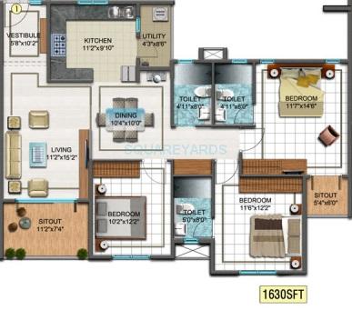 Floor plan of 3 BHK 1630 Sq. Ft. Apartment in DSR Sunrise Towers, Bangalore