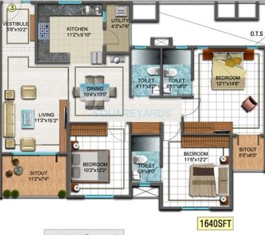 Floor plan of 3 BHK 1640 Sq. Ft. Apartment in DSR Sunrise Towers, Bangalore