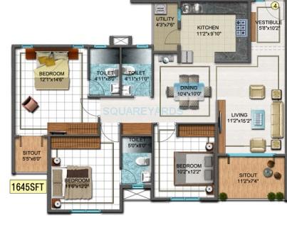 Floor plan of 3 BHK 1645 Sq. Ft. Apartment in DSR Sunrise Towers, Bangalore