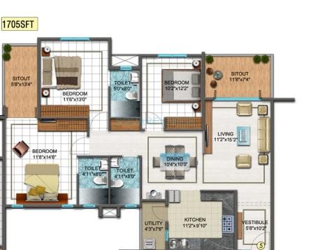 Floor plan of 3 BHK 1705 Sq. Ft. Apartment in DSR Sunrise Towers, Bangalore