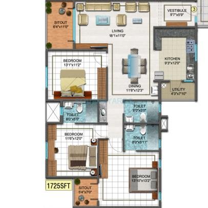 Floor plan of 3 BHK 1725 Sq. Ft. Apartment in DSR Sunrise Towers, Bangalore