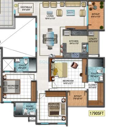 Floor plan of 3 BHK 1790 Sq. Ft. Apartment in DSR Sunrise Towers, Bangalore