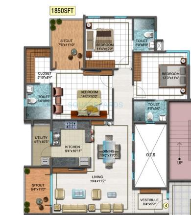 Floor plan of 3 BHK 1850 Sq. Ft. Apartment in DSR Sunrise Towers, Bangalore