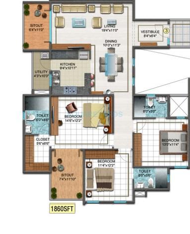 Floor plan of 3 BHK 1860 Sq. Ft. Apartment in DSR Sunrise Towers, Bangalore