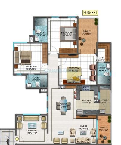 Floor plan of 3 BHK 2005 Sq. Ft. Apartment in DSR Sunrise Towers, Bangalore