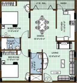 Floor plan of 2 BHK 1040 Sq. Ft. Apartment in DSR Sunshine, Bangalore