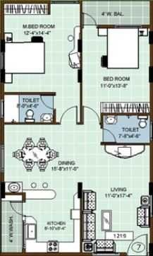 Floor plan of 3 BHK 1595 Sq. Ft. Apartment in DSR Sunshine, Bangalore