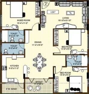 Floor plan of 3 BHK 1616 Sq. Ft. Apartment in DSR Sunshine, Bangalore