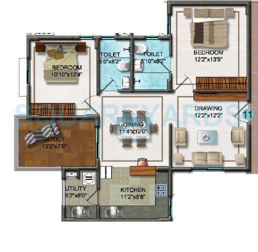 Floor plan of 2 BHK 1245 Sq. Ft. Apartment in DSR Ultima, Bangalore