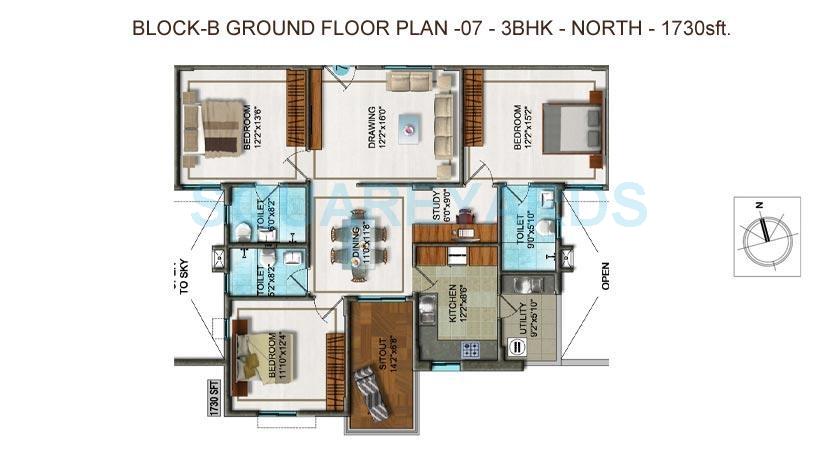 Floor plan of 3 BHK 1730 Sq. Ft. Apartment in DSR Ultima, Bangalore