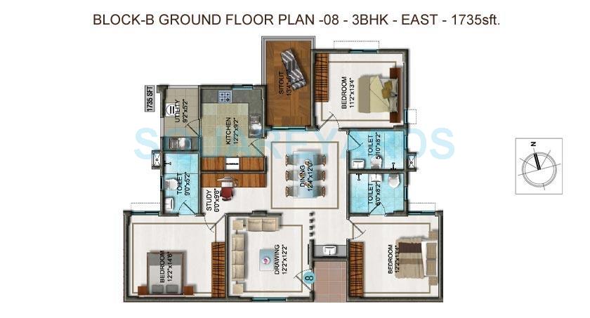 Floor plan of 3 BHK 1735 Sq. Ft. Apartment in DSR Ultima, Bangalore