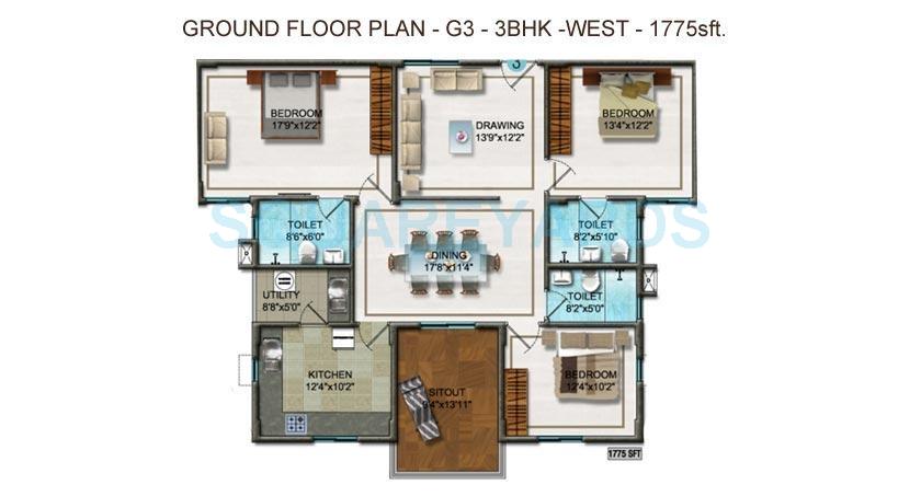 Floor plan of 3 BHK 1775 Sq. Ft. Apartment in DSR Ultima, Bangalore
