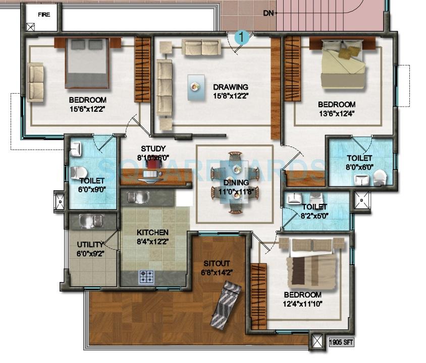 Floor plan of 3 BHK 1905 Sq. Ft. Apartment in DSR Ultima, Bangalore