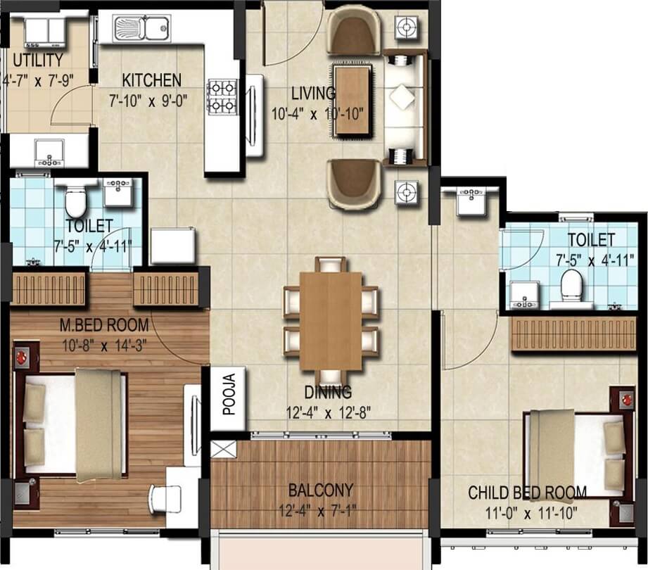Floor plan of 2 BHK 1179 Sq. Ft. Apartment in DSR Waterscape, Bangalore