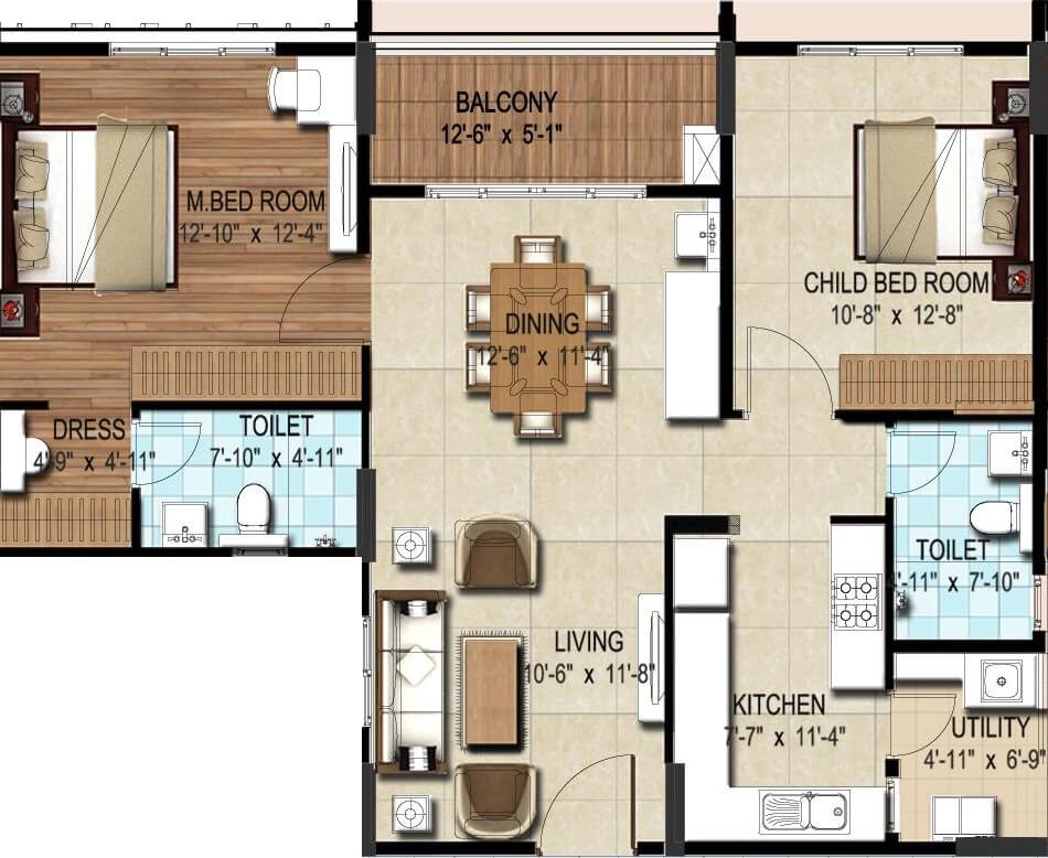 Floor plan of 2 BHK 1202 Sq. Ft. Apartment in DSR Waterscape, Bangalore