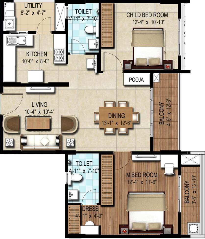 Floor plan of 2 BHK 1242 Sq. Ft. Apartment in DSR Waterscape, Bangalore