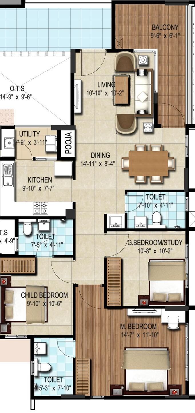 Floor plan of 2 BHK 1435 Sq. Ft. Apartment in DSR Waterscape, Bangalore