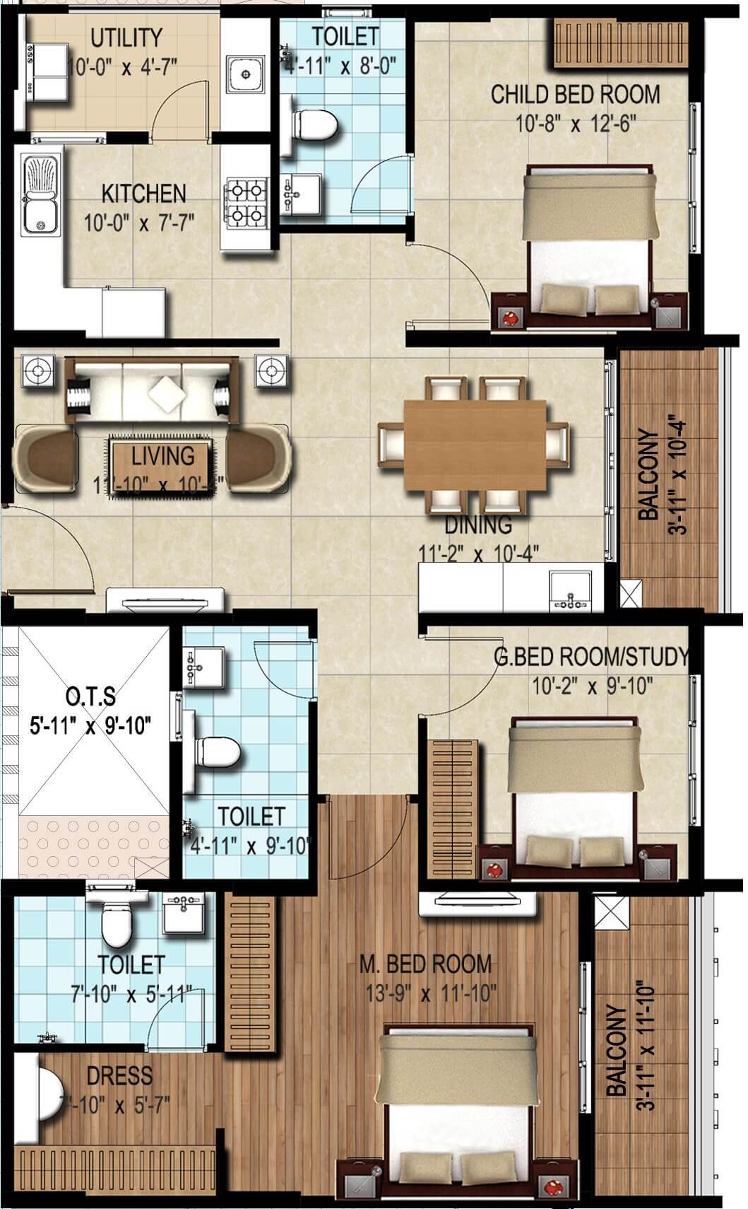 Floor plan of 2 BHK 1523 Sq. Ft. Apartment in DSR Waterscape, Bangalore