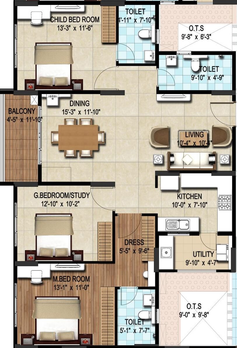 Floor plan of 2 BHK 1543 Sq. Ft. Apartment in DSR Waterscape, Bangalore