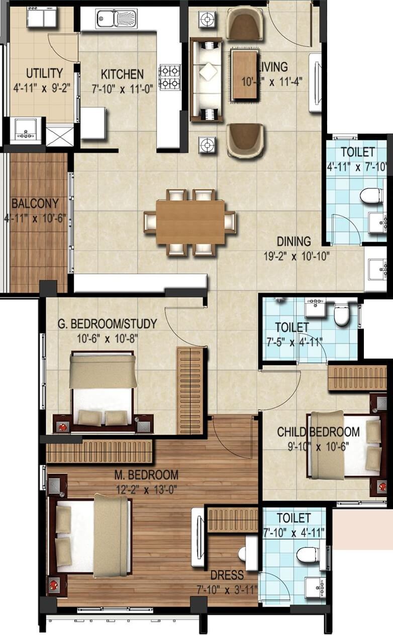 Floor plan of 2 BHK 1570 Sq. Ft. Apartment in DSR Waterscape, Bangalore
