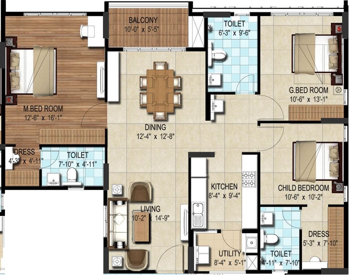 Floor plan of 3 BHK 1620 Sq. Ft. Apartment in DSR Waterscape, Bangalore