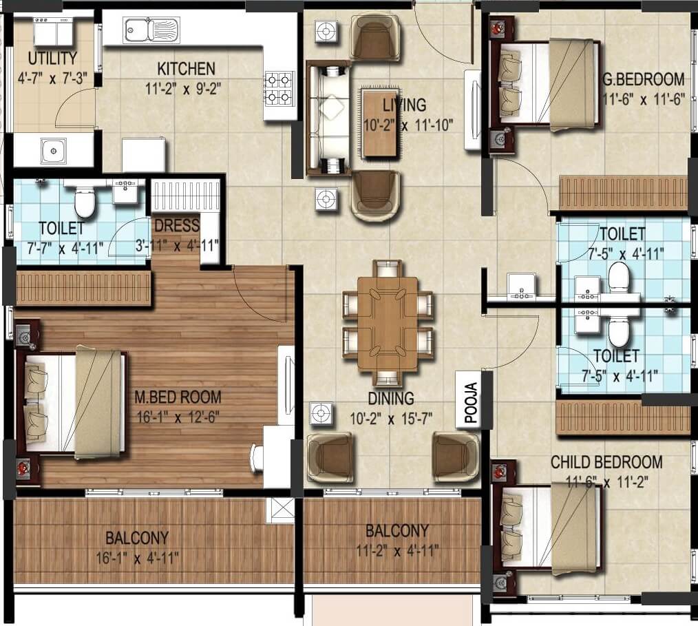 Floor plan of 3 BHK 1692 Sq. Ft. Apartment in DSR Waterscape, Bangalore