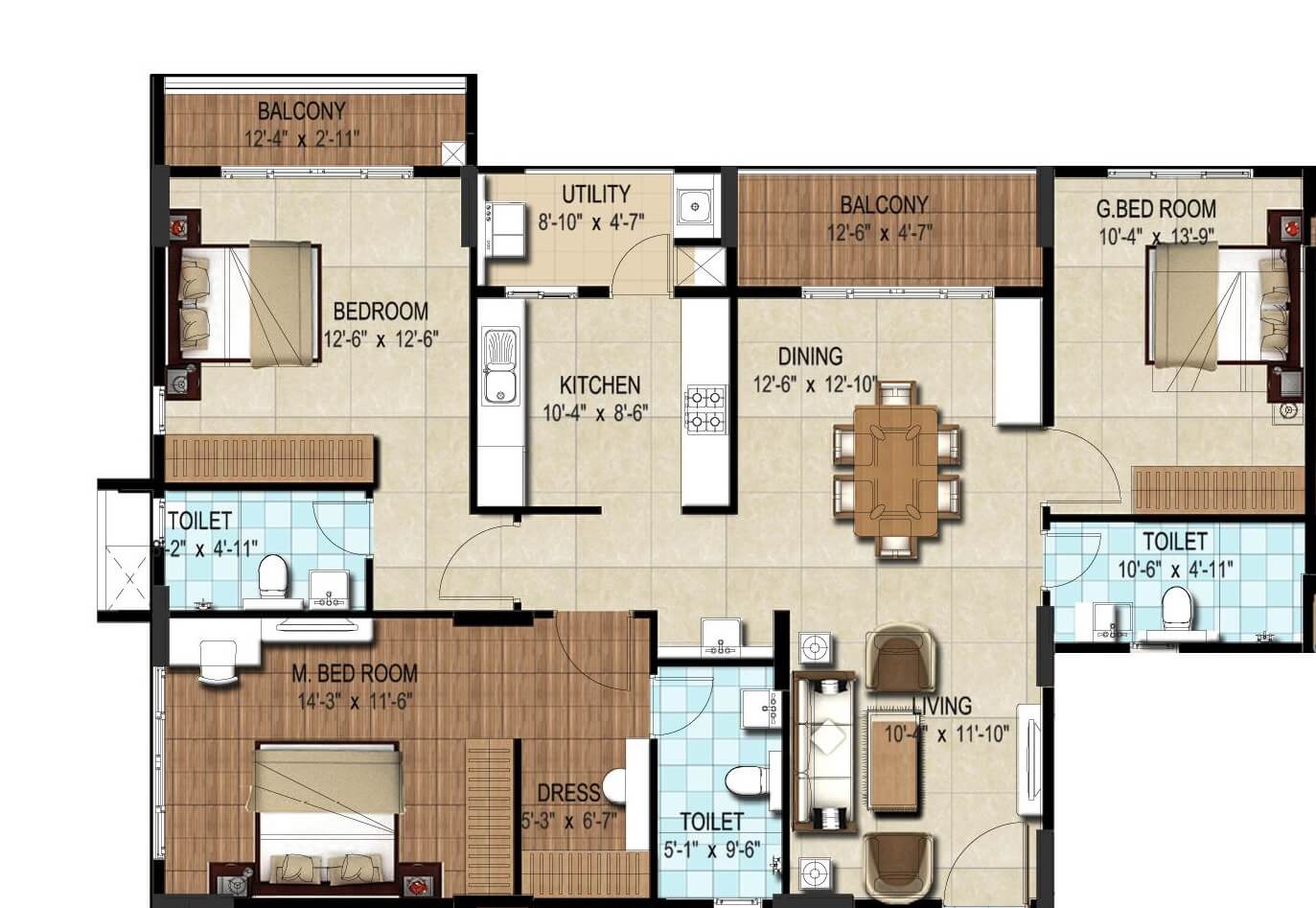 Floor plan of 3 BHK 1730 Sq. Ft. Apartment in DSR Waterscape, Bangalore