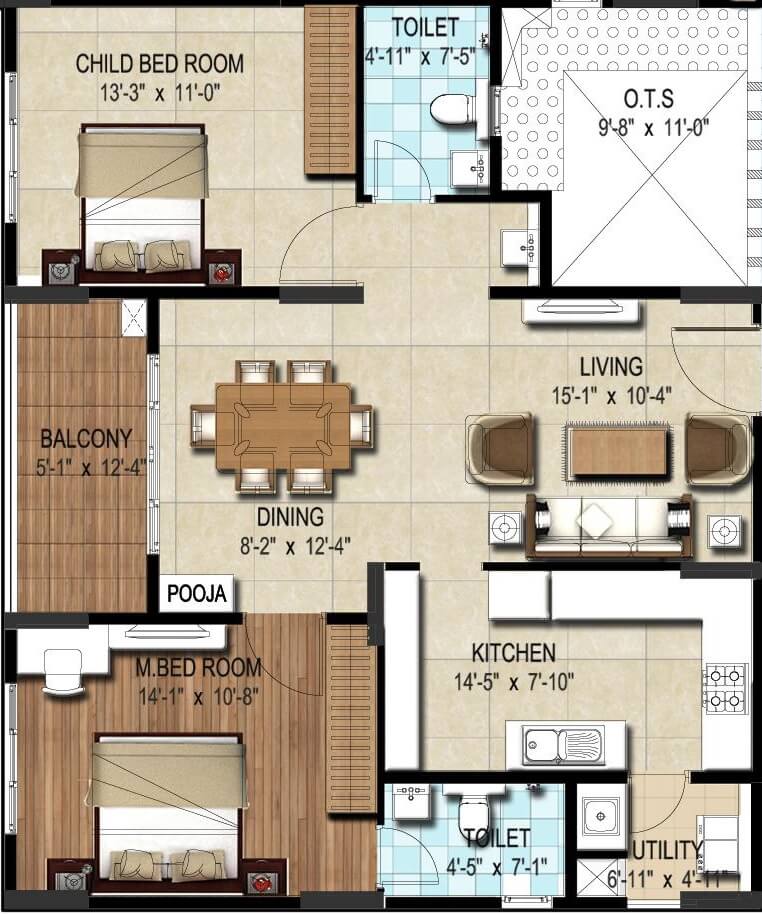 Floor plan of 2 BHK 1191 Sq. Ft. Apartment in DSR Waterscape, Bangalore