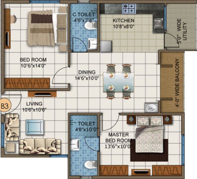 Floor plan of 2 BHK 1057 Sq. Ft. Apartment in DSR White Waters, Bangalore