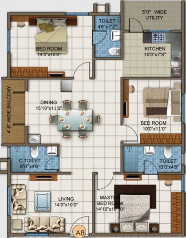 Floor plan of 2 BHK 1091 Sq. Ft. Apartment in DSR White Waters, Bangalore