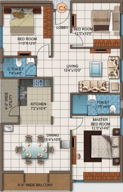 Floor plan of 3 BHK 1435 Sq. Ft. Apartment in DSR White Waters, Bangalore
