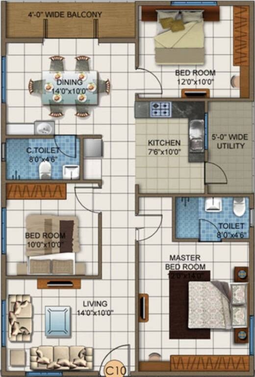 Floor plan of 3 BHK 1589 Sq. Ft. Apartment in DSR White Waters, Bangalore