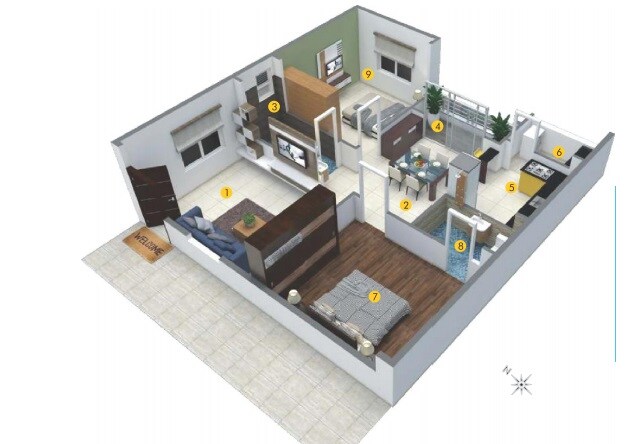 Floor plan of 2 BHK 1082 Sq. Ft. Apartment in DSR White Waters, Bangalore
